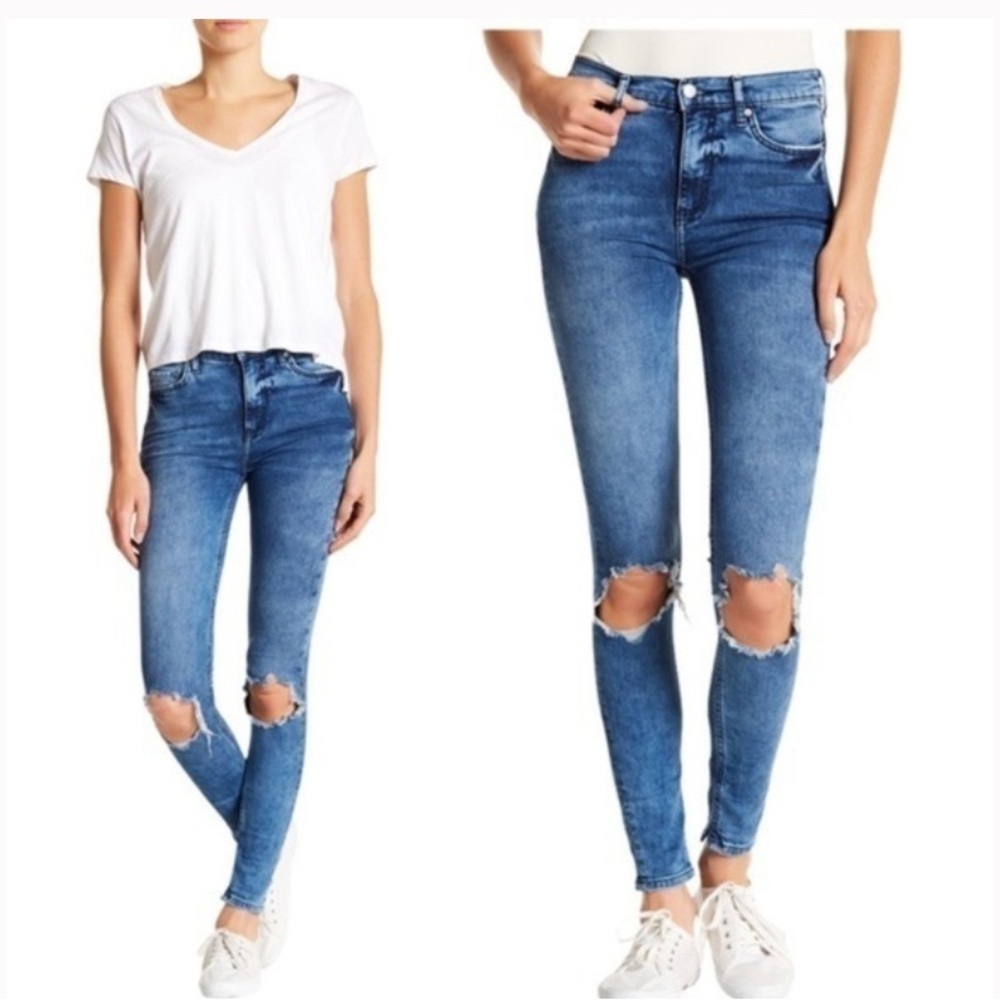 Free People Busted Knee Skinny Denim Jeans Turquoise Boho Bohemian NWT 24